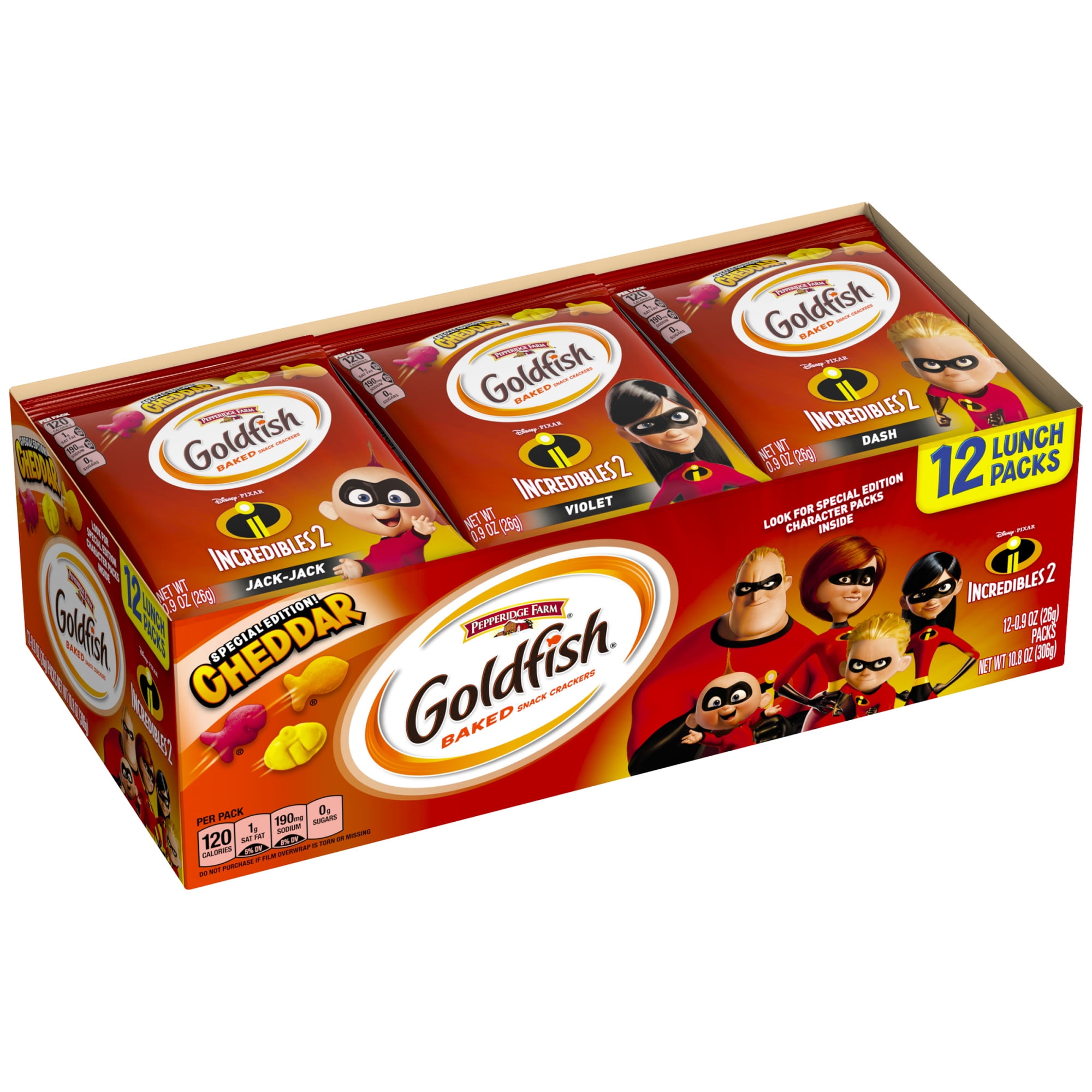Pepperidge Farm Goldfish Special Edition Disney∙Pixar Incredibles 2 Cheddar Crackers, 10.8 oz. Multi-pack Tray, 12-count 0.9 oz. Single-Serve Snack Packs