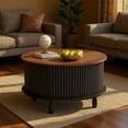 thumbnail image 6 of Strafriture Coffee Table Round Coffee Tables with Storage 30.7" Fluted Center Table for Living Room Modern Wood Table with Sliding Cabinet Door Black, 6 of 13