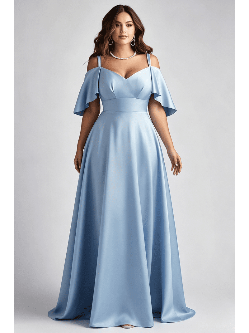 light blue bridesmaid dress plus size Zanvylia Satin Cold Shoulder Maxi Dress, Off-Shoulder Flounce Sleeve Pleated Slit Formal Evening Gown, Women's, Size Sage Green Bridesmaid Dresses dances and other special feature: lenox-stretch Color:M-Dusty Blue