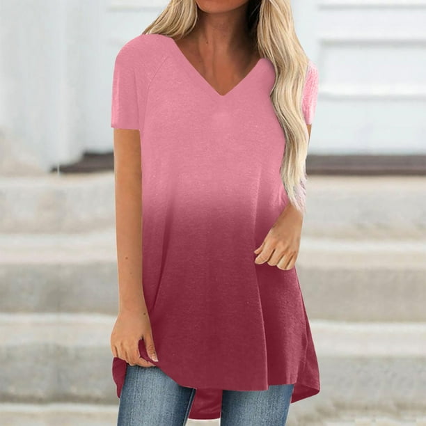 Puntoco - Blusa holgada de manga corta con cuello en V y estampado degradado a la moda para mujer Puntoco Puntoco-1560