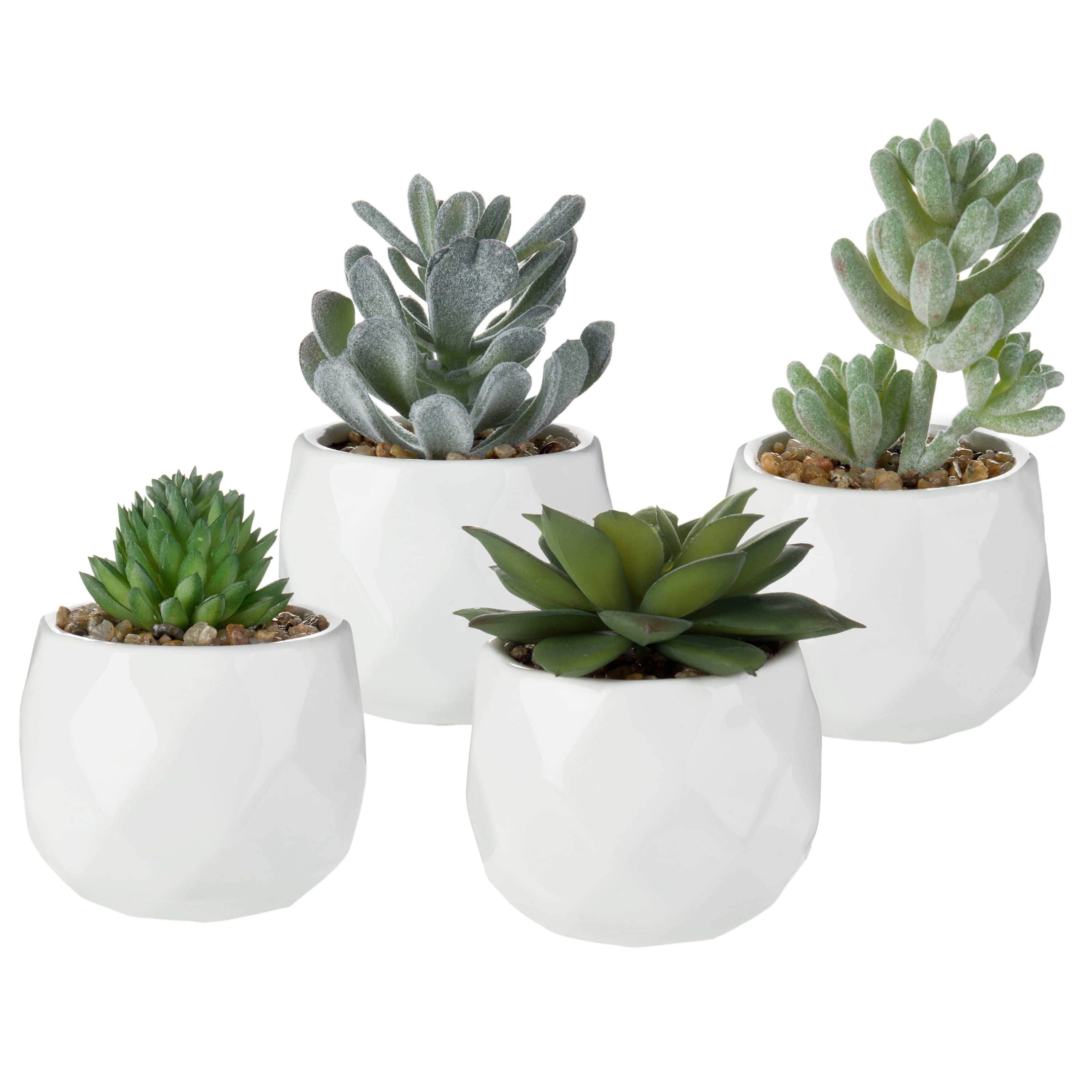 MyGift Assorted Realistic Succulent Plants in Modern Geometric Ceramic Pots Set of 4 