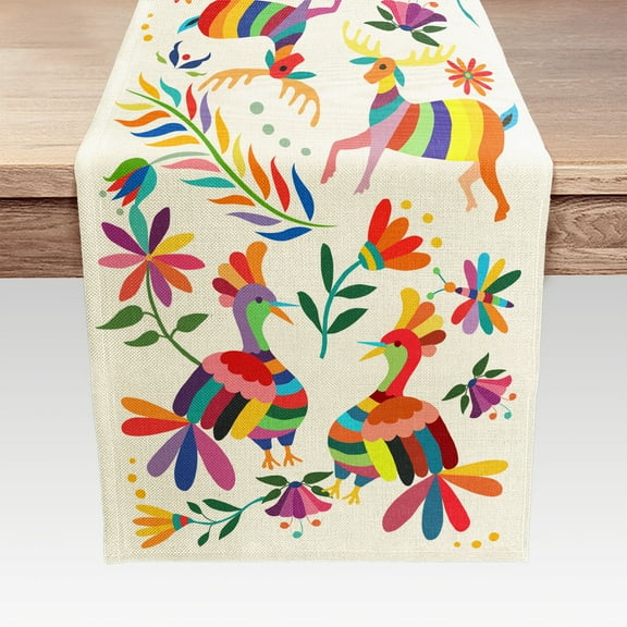 Mexican Floral Beige Dining Table Runner 72 inches Long, Cinco De Mayo Traditional Latin American Linen Dining Table Runner for Everyday Use 13X72in