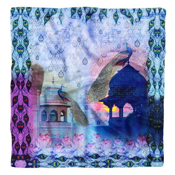 Phagun Blue Peacock Mughal Print Pure Silk Square&nbsp;Scarf&nbsp;Neck Wrap Summer Hair Bandanas For Women