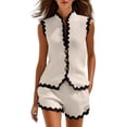 thumbnail image 2 of Karymi Going Out Tops 2 Piece Summer Outfit Set, Stand Collar Sleeveless Scalloped Contrast Trim Button Vest Top+Scallop Edge Shorts with Side Pockets Going Out Tops, 2 of 9