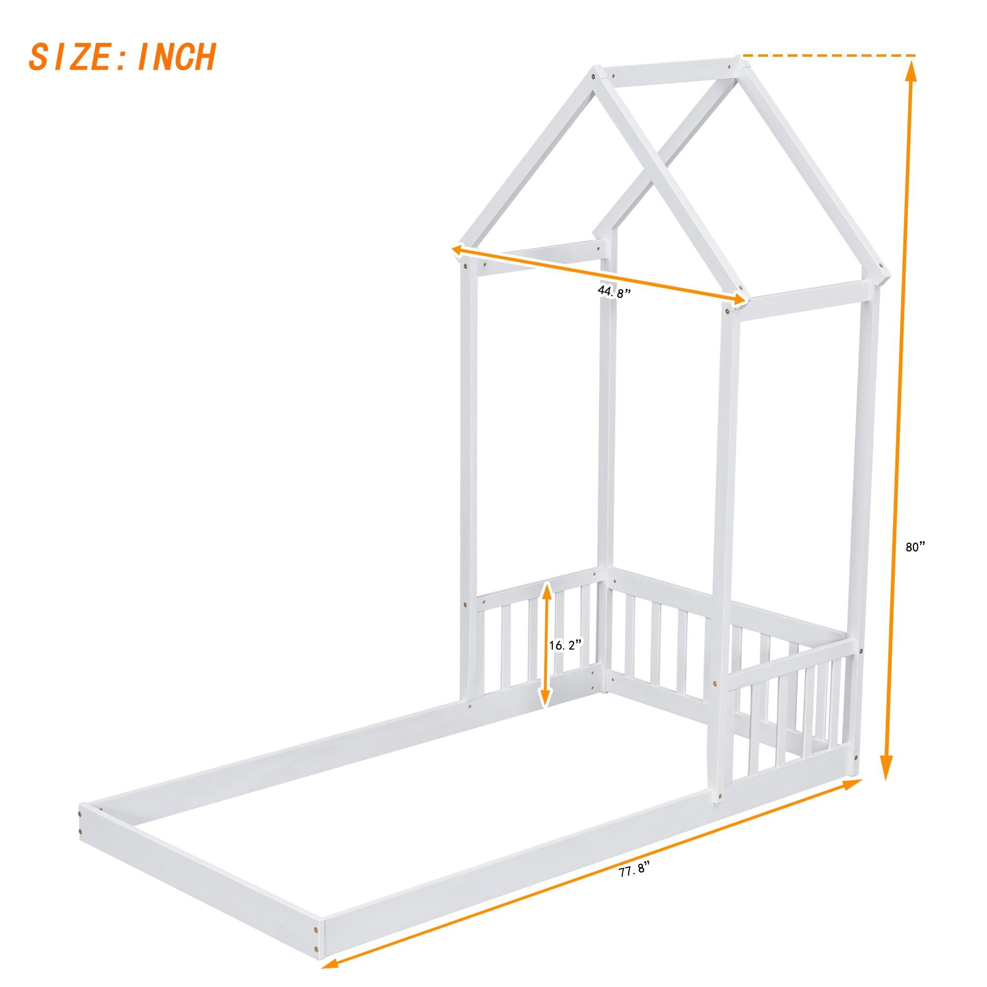 PORKISS Twin Size Floor Bed for Kids, Wood Montessori Bed with House-shaped Roof, White