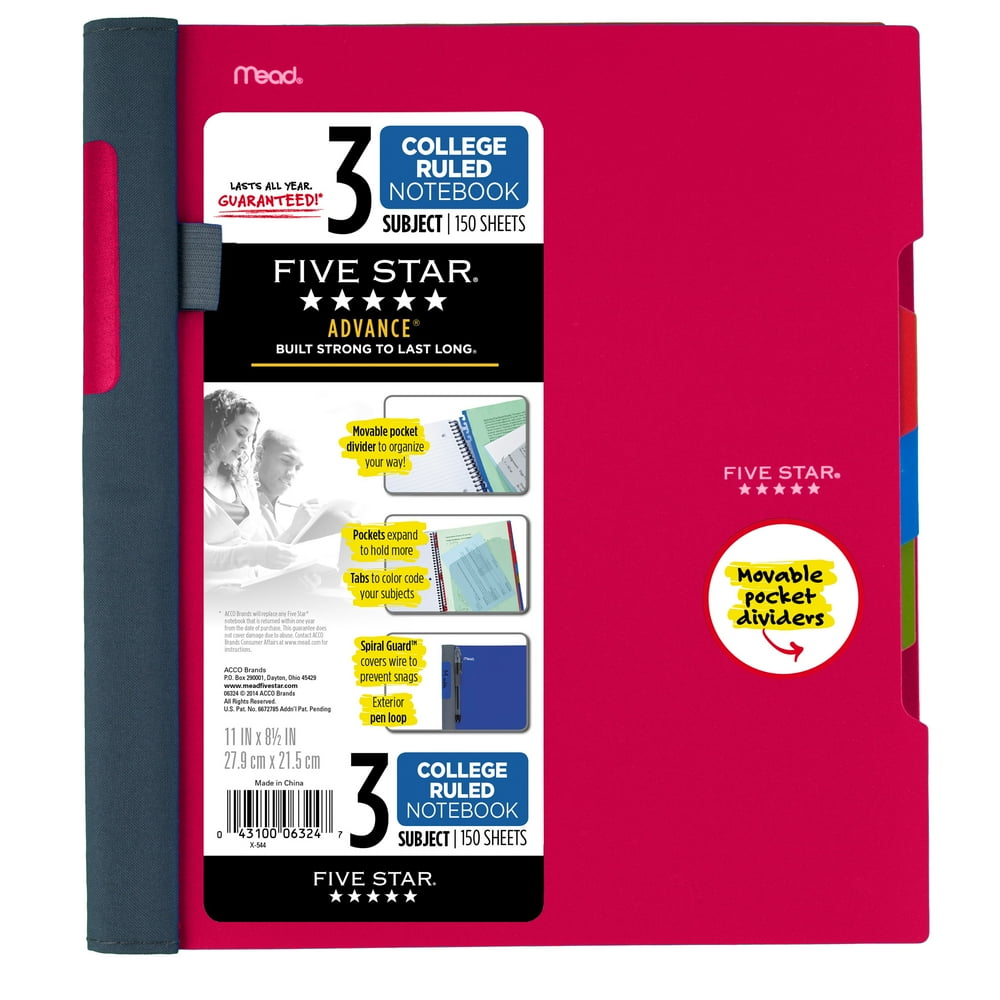 Five Star Advance 3 Subject Notebook, Red