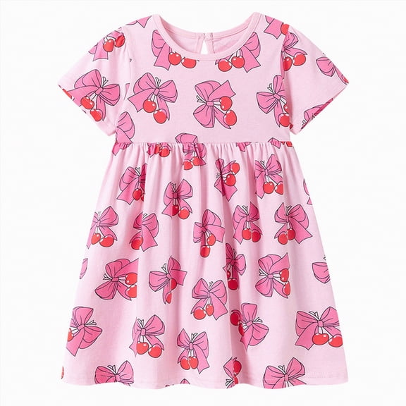 HCNTES kids Girl's Cute Summer Dress Crew Neck Short Sleeve Party Dresses for Children Girls 2t 3t 4t 5t 6t 7t 8t 9t Spring Summer Clothes(5-6 Years,D01-Pink)