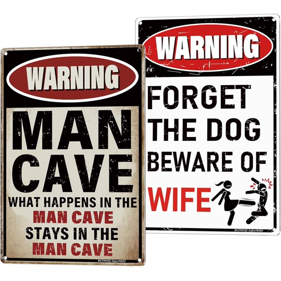 shiyou-Man Cave Decor 2 Pack - 12 × 8 Inches Vintage Funny Metal Signs for Garage Basement Mancave Bar Patio Wall Decorations | Cool Gifts Stuff for Men - Happens Here Stay Here & Beware of Wife