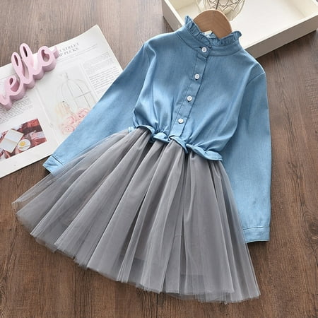 

Ichuanyi Toddler Clothing Baby Kids Girl Long Sleeve Denim Tops Splicing Gauze Tutu Princess Dress