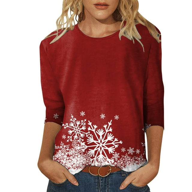 Liquidation!Bunenne T-Shirts Graphiques à Manches 3/4 pour Femmes Imprimé Flocons de Neige de Noël