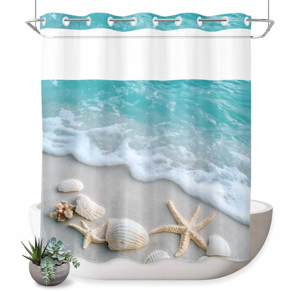 No Hook Shower Curtain with Built-in Rings - Summer Coastal Washable Waterproof Fabric Bathroom Curtains for Hotel,Rentals, 72 X 72 Inch Long , Ocean Starfish Beach Shell Blue White