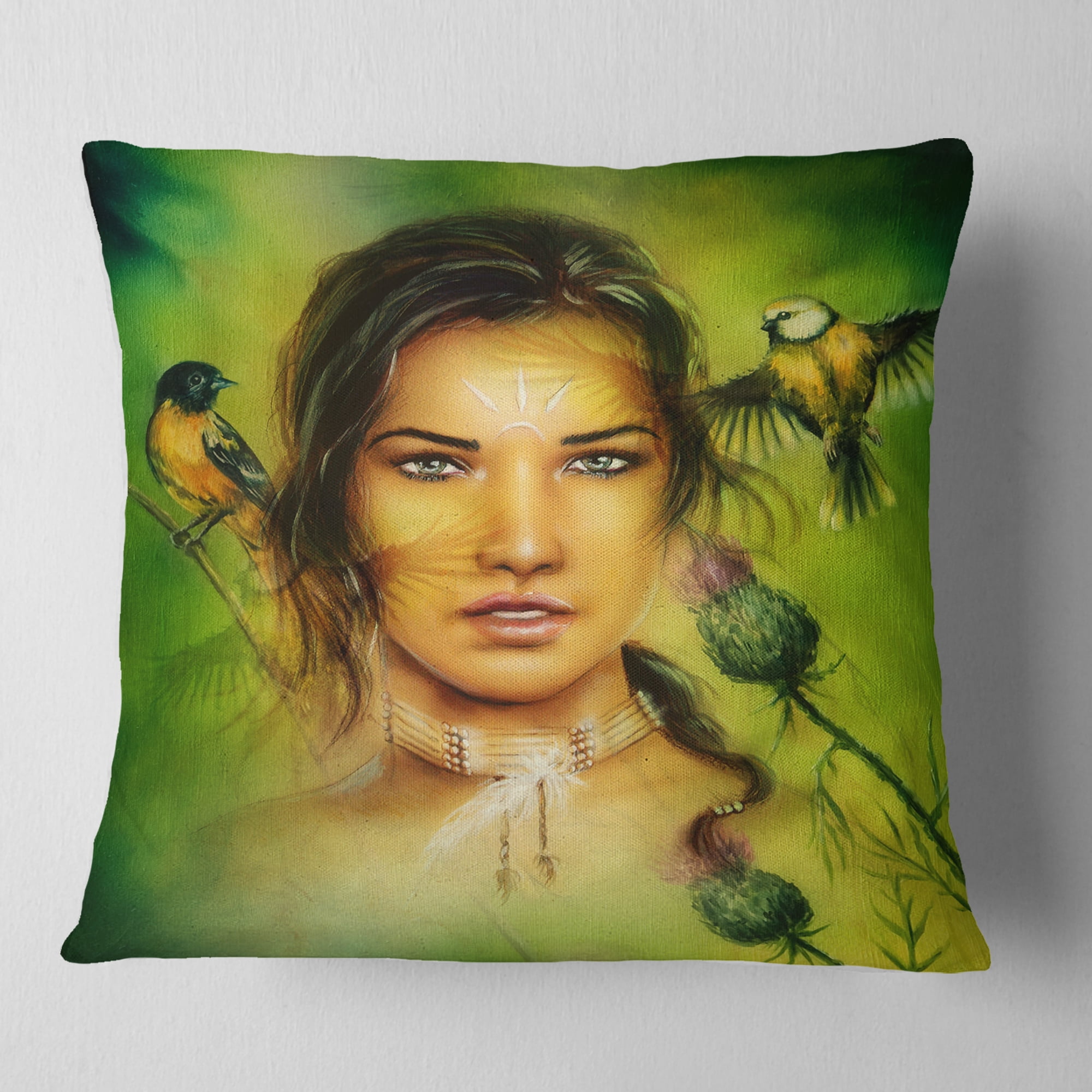 Designart Indian Woman with Birds - Portrait Throw Pillow - 18x18