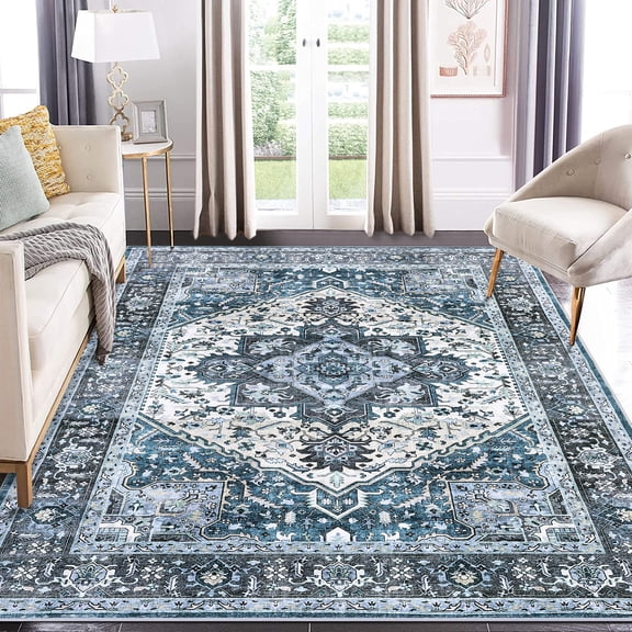 Haperlare Area Rugs for Living Room Bedroom Rug Machine Washable Vintage Rug Boho Floral Distressed Rug Anti-Slip Low Pile Non-Shedding Throw Carpet, 9' x 12' Blue