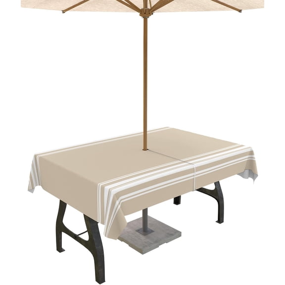 Outdoor Tablecloth with Umbrella Hole, Khaki and White Stripe Rectangle Tables Waterproof Tabletop Collection for Patio, Garden, Picnic, Camping, Dining 60 x 84 inch