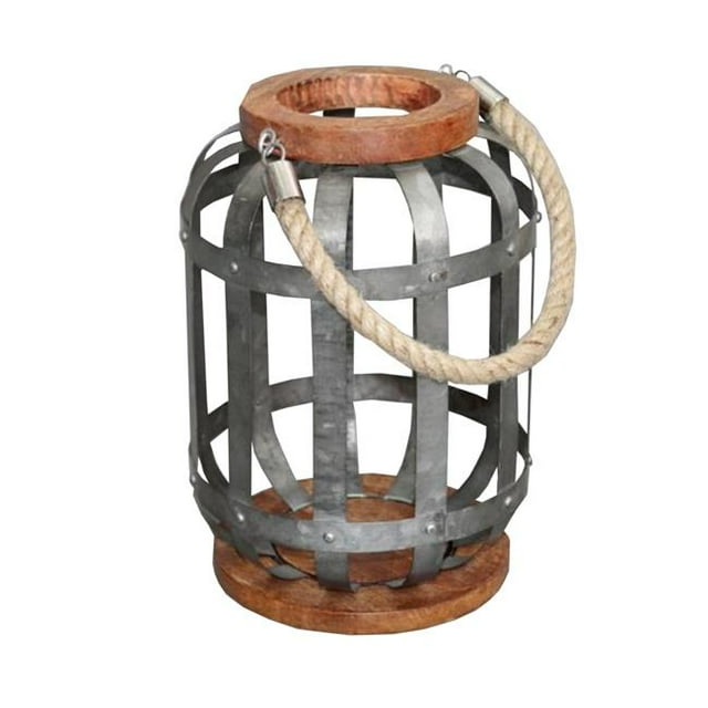 Benjara I551-FDS002 Wooden Base Bellied Shape Industrial Hanging Galvanized Lantern with Rope Handle, Gray