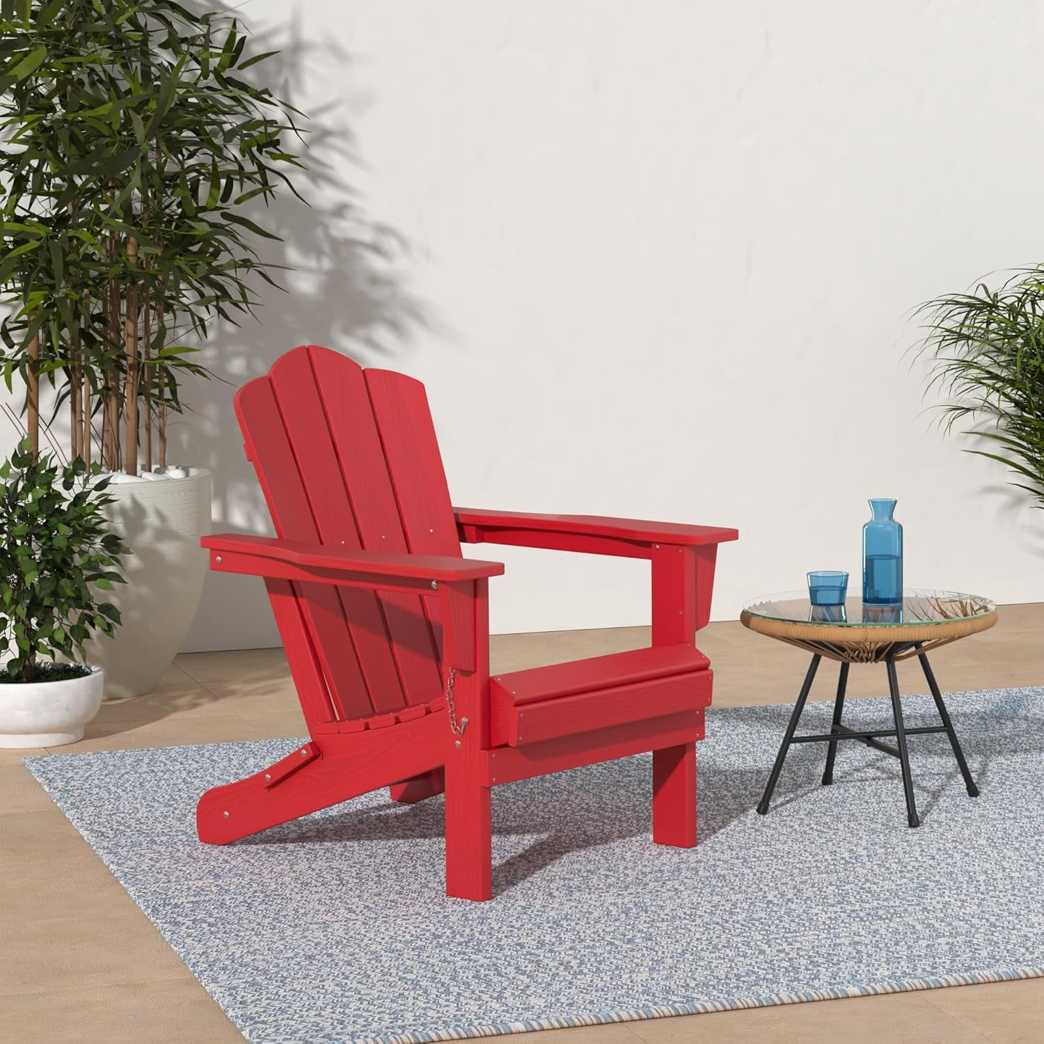 SONGMY Folding Adirondack Chair, HDPE All-Weather Patio Chairs, Wooden Textured Lawn Chair for Poolside, Backyard, Deck, Fire Pit, Light Red