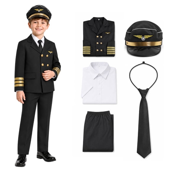 BUXULYP Kids Pilot Uniform Boys Airline Captain Costume for Birthday Gifts Pilot Halloween Cosplay Career Day Dress Up