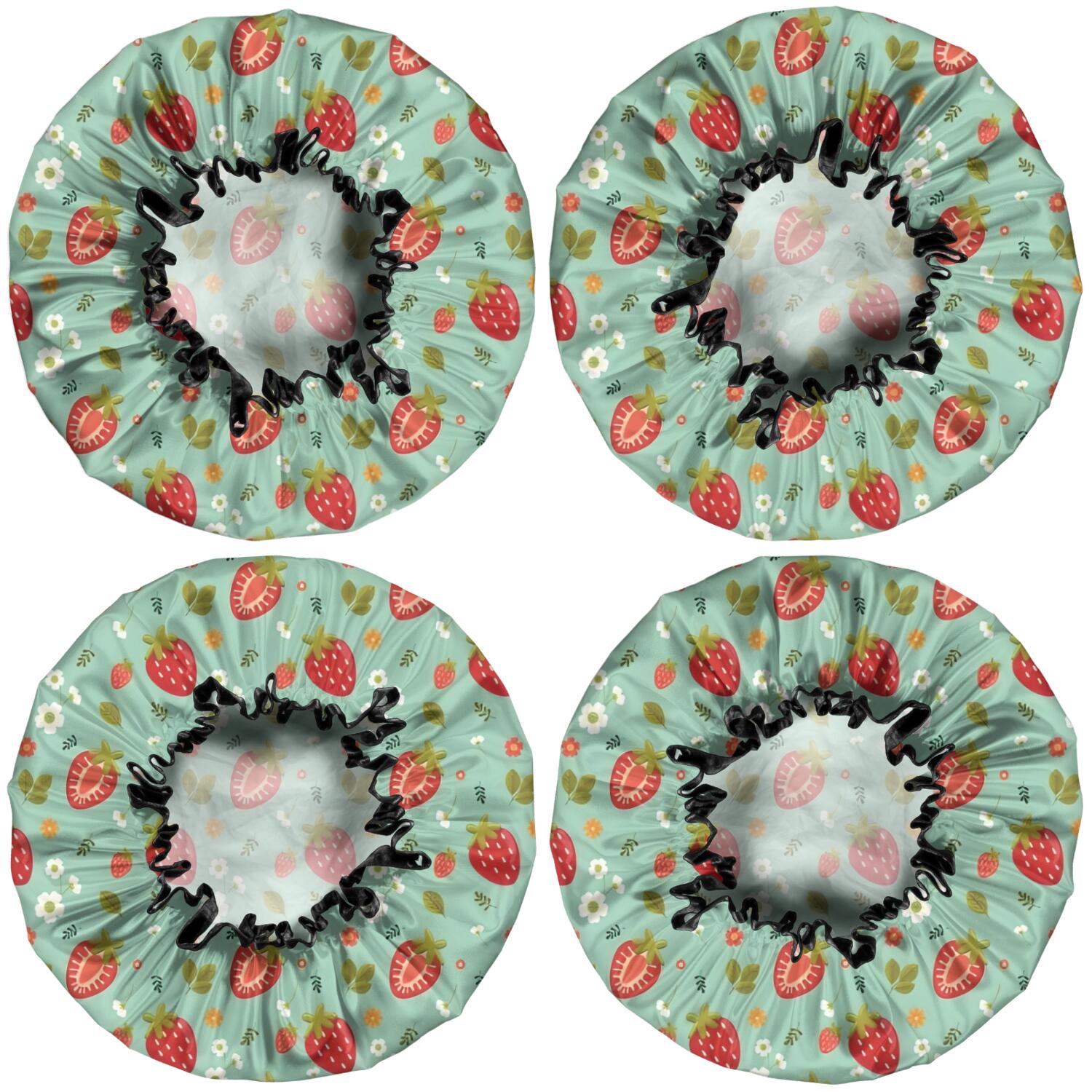 Shower Caps,Strawberry Plants Fruit Flower Leaf Green Pattern Waterproof Shower Cap for Women 4 Pieces,Double Reusable Hair Cover for Shower PEVA Elastic Stretch Hem