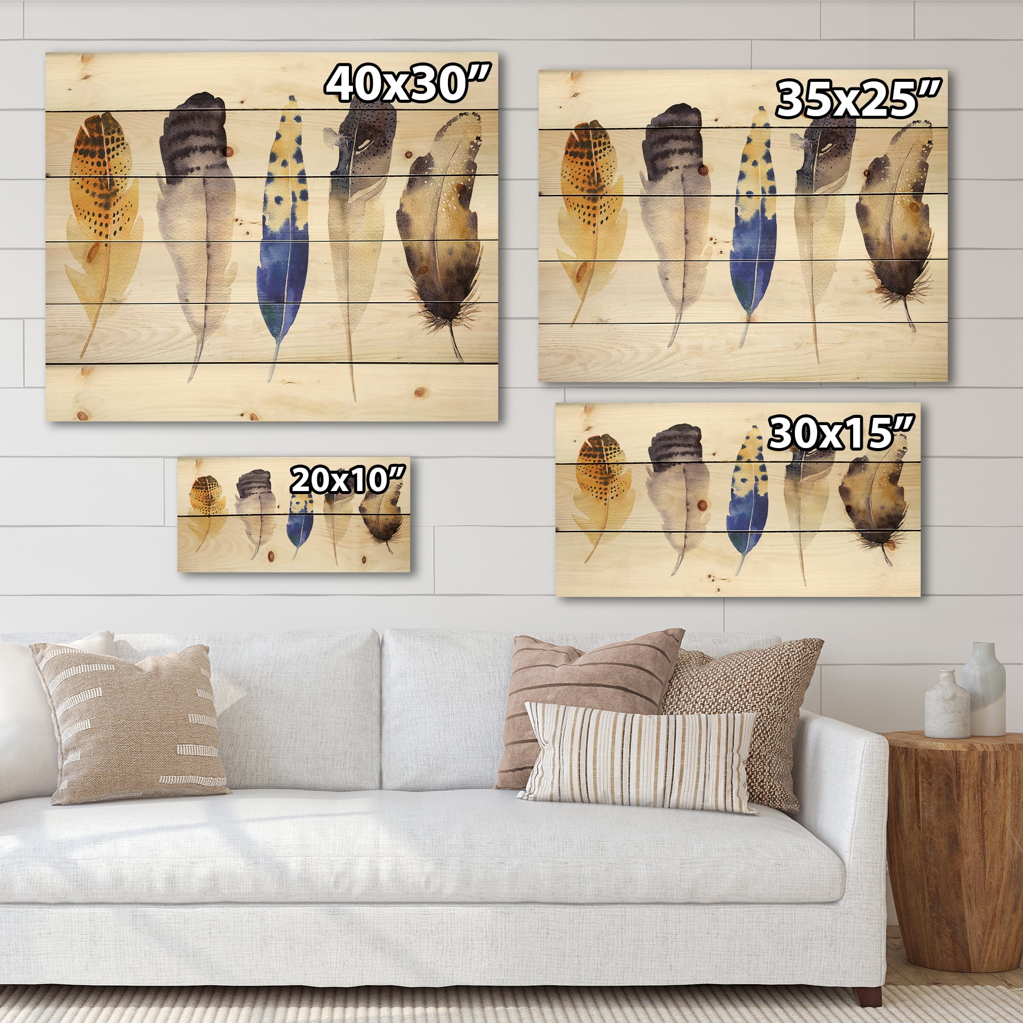 Designart 'Colourful Boho Art Feather Set I' Bohemian & Eclectic Print on Natural Pine Wood