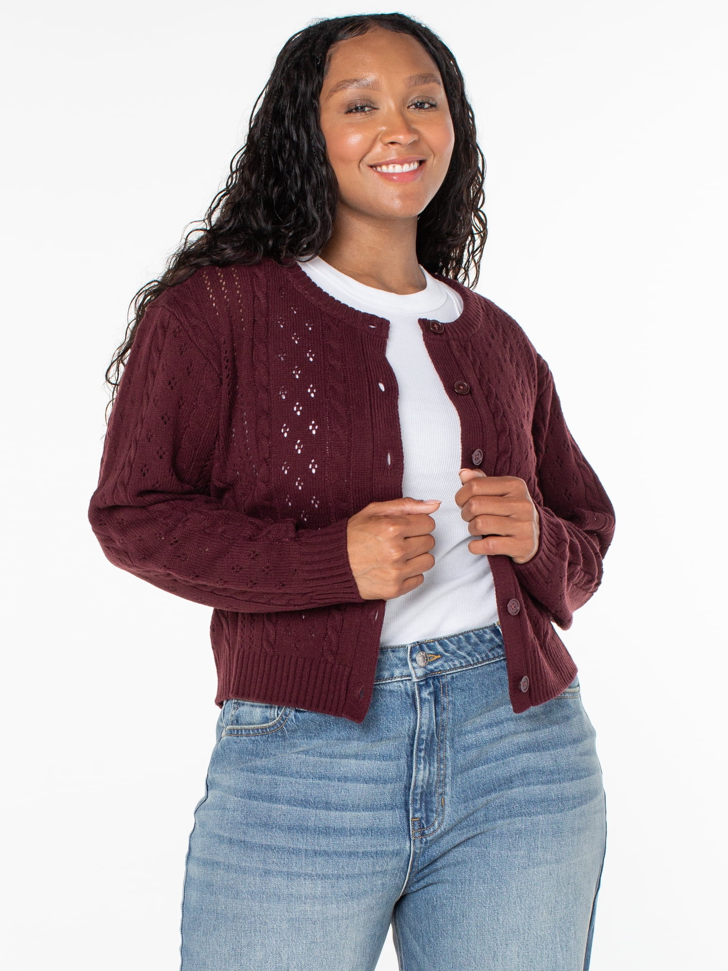 Celebrity Pink Women's Pointelle Crew Neck Cardigan Sweater, Sizes XS-4X