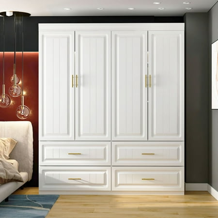 4-Door White Armoire, 63 Wide Wardrobe Storage Cabinet with Shelves and Drawers for Bedroom,74.4" H
