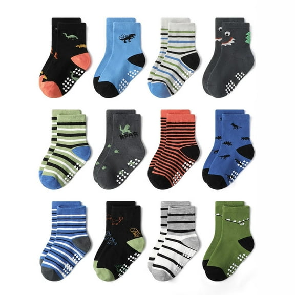 12 Pairs Toddler Baby Non Slip Socks Infant Anti Skid Socks with Grips Crew Socks for 0-7 Years Kids Boys Girls
