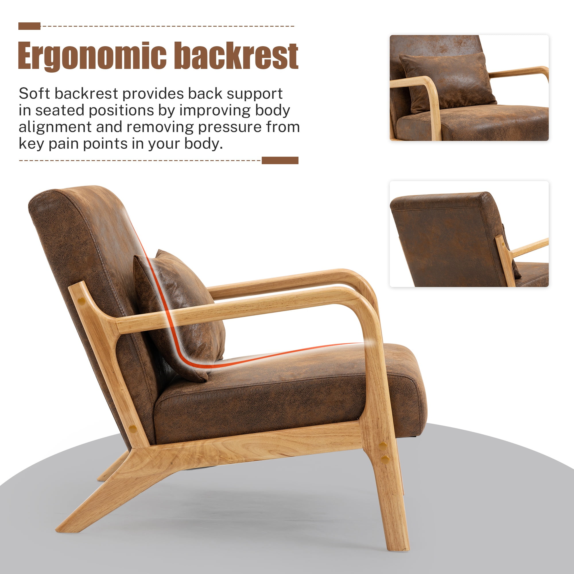 PAPROOS Mid-Century Modern Accent Chair, PU Leather Arm Chair with Wood Frame and Pillow, Upholstered Armchair Comfort Reading Chair Lounge Chair for Living Room Bedroom Sunroom, Brown