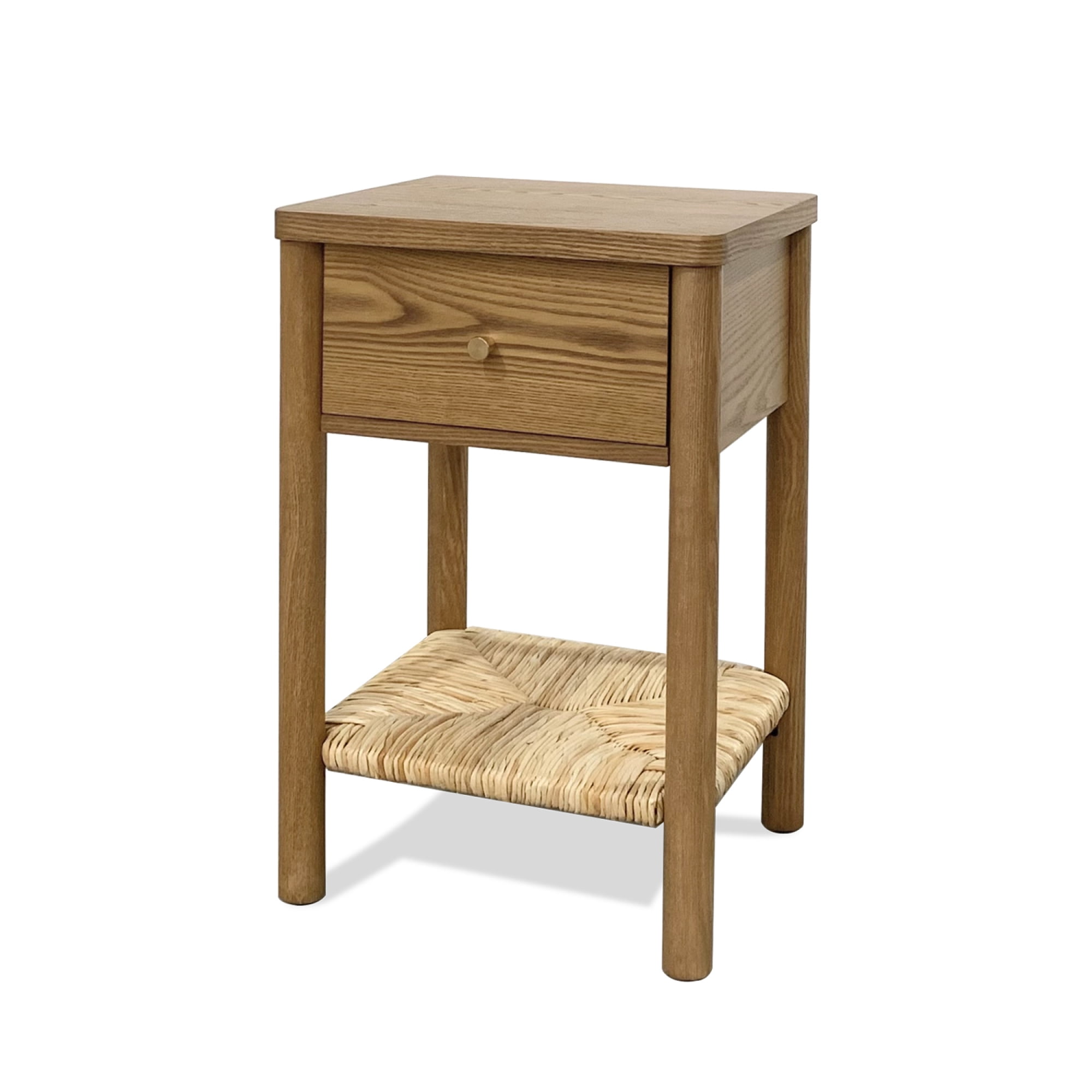 Leumius End Table with Rounded Edge Tabletop, Solid Wood Round Legs, Woven Jute Storage Shelf & Drawer, Nightstand for Bedroom Living Room Walnut