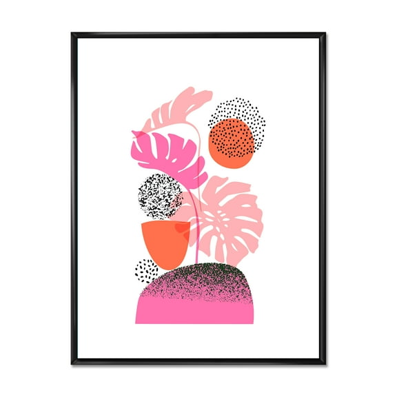 Designart 'Geometric Sun and Moon Shapes With Tropical Leaves' Modern Framed Canvas Wall Art Print