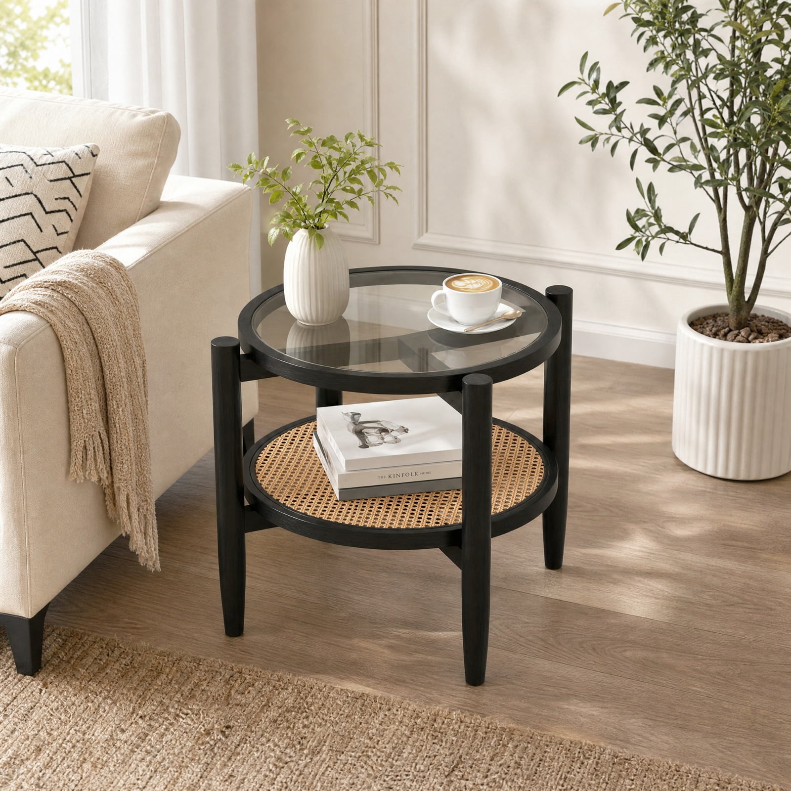 Furnibear Rattan Round Side End Table with Tempered Glass Tabletop and 2 Tier Acacia Wood Legs for Living Room Bedroom and Sofa Side, Black