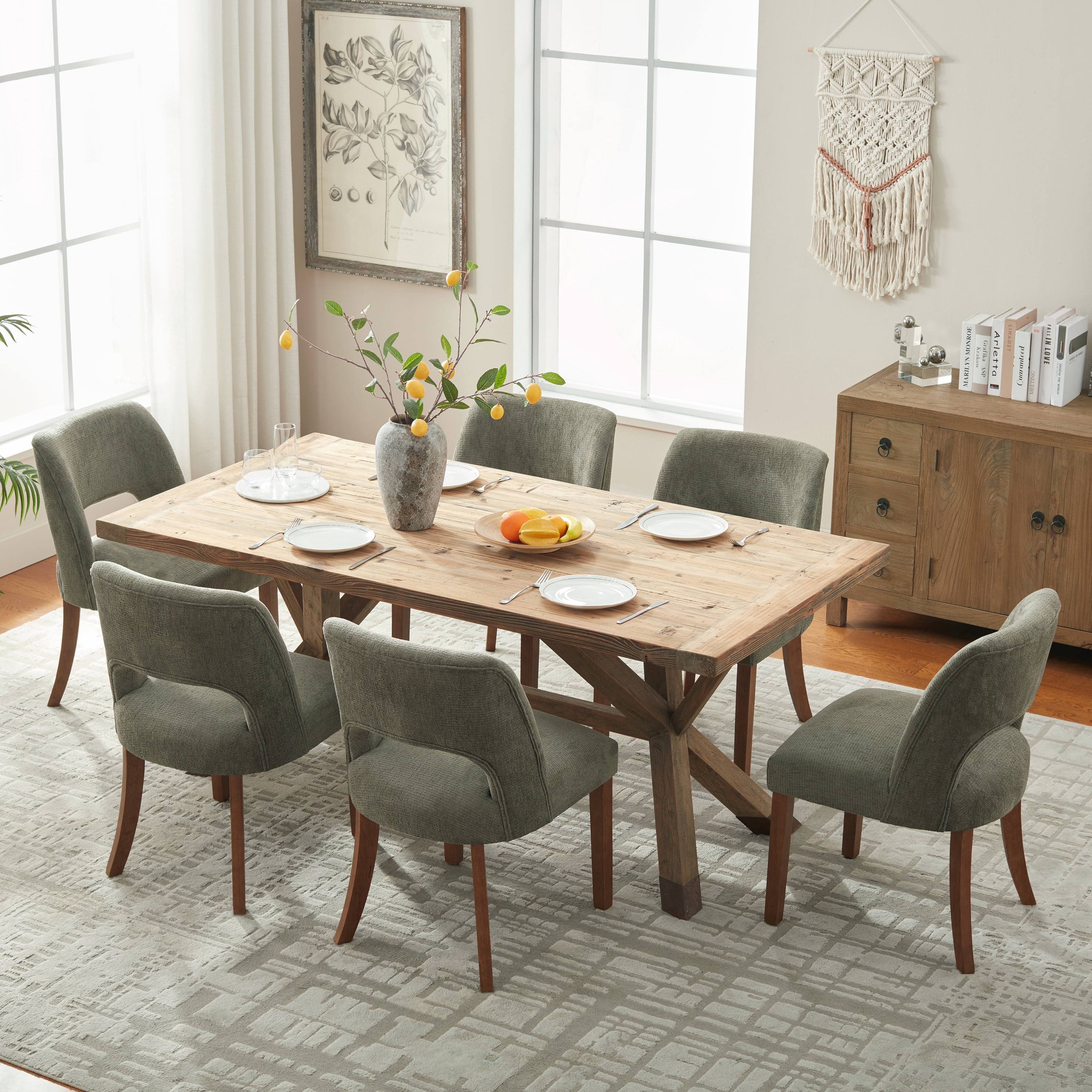 Vknow Furniture Set of 2 Chenille Dining Chairs, Mid-Century Modern Upholstered Kitchen Chairs with Cutout Back & Solid Wood Legs, Green
