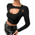 thumbnail image 2 of Liacowi Women's Slim Fit Crop Tops Casual Solid Color Crew Neck Long Sleeve Cutout Tee Shirt Basic Streetwear, 2 of 6