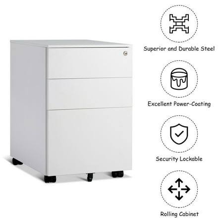 Costway 3 Drawer Filing Cabinet Locking Pedestal Under Desk Home