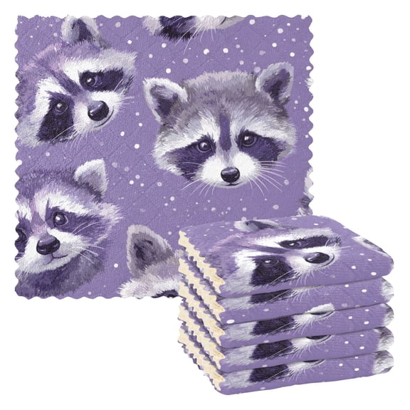 6 Pieces of Kitchen Towels 11x11Inch Kitchen Dish Cloths Kitchen Dish Towels Reuseable Cleaning Cloths Beautiful Cute Raccoon