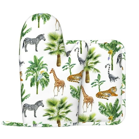

zebra tiger Giraffe Tropical palm tree Oven Mitts and Pot Holders Sets Heat Resistant Silicone Oven Mitts Pot Holders for Kitchen Cooking Baking Non-Slip Oven Gloves Hot Pads Potholders