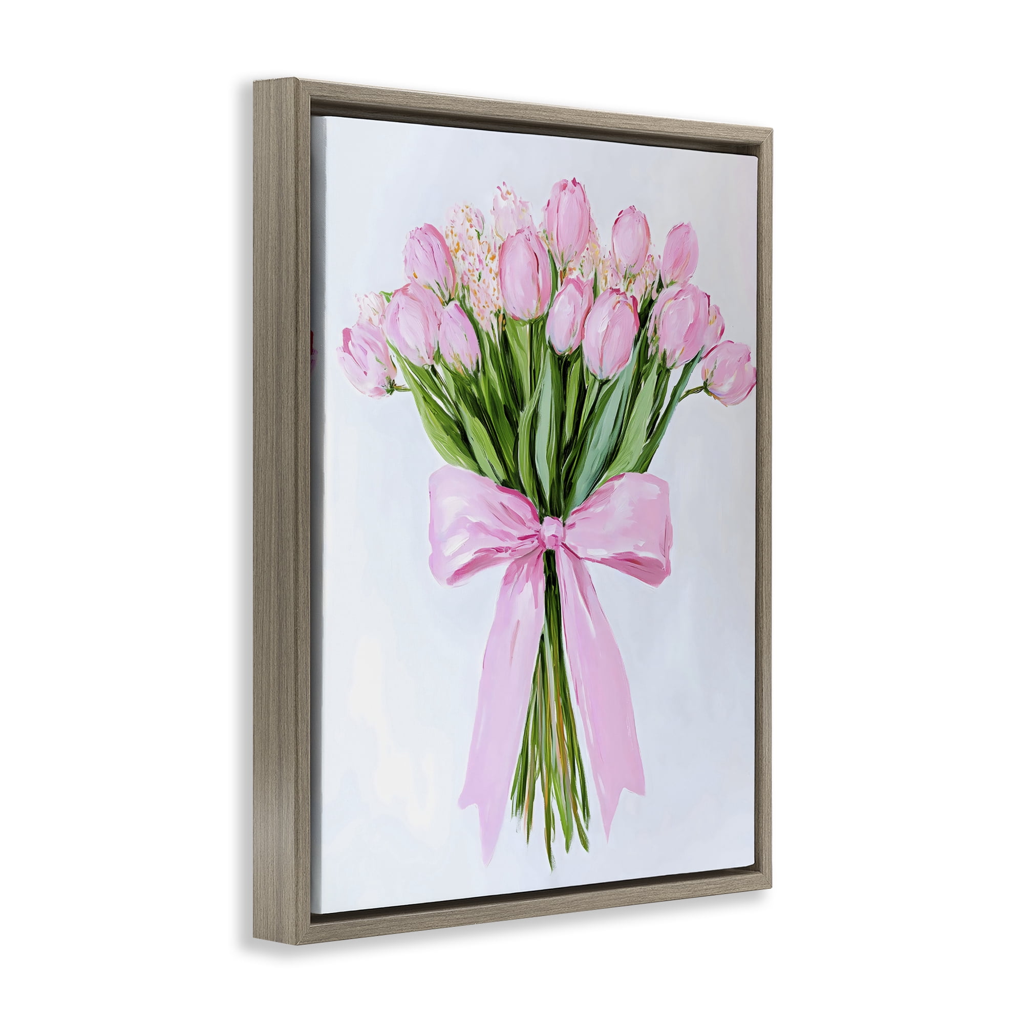 Stupell Industries Soft Pink Tulips with Ribbon Brown Framed Floater Canvas Wall Art, design by The Prints Vibe