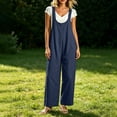 thumbnail image 7 of Women's Linen Wide Leg Overalls U Neck Sleeveless Loose Fit Side Pocket Casual Jumpsuit Long Pants for Weekend Casual Outing Navy XL, 7 of 7