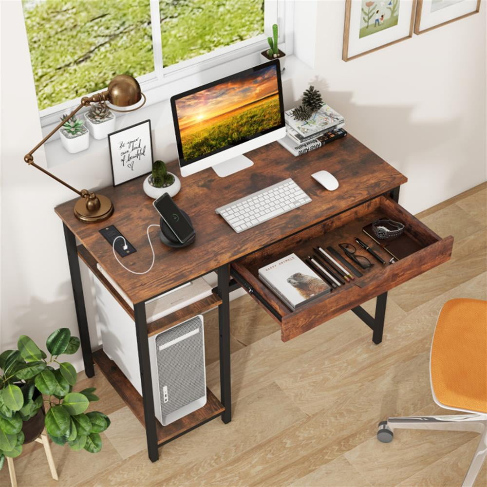 Demi Bonn 48" Computer Desk with Hutch and PE Rattan Cabinet Shelves, Small Home Office Desk Study Writing Table, Brown