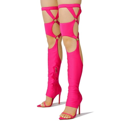 

Cape Robbin Gealia Pink Stiletto Heel Pointed Toe Thigh High Gladiator Sandals (Pink 6.5)