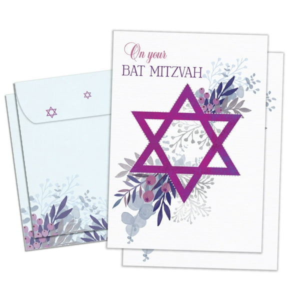 Tree-Free Greetings Bat Mitzvah Greeting Card 2 Pack, 5 x 7, Pink Floral Star (GT68711)