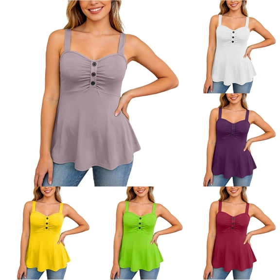 XIAONU Women Button Cami Tank Top Sleeveless Ruched Flared Hem Casual Blouse