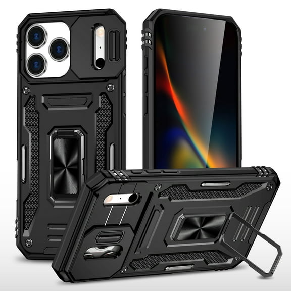 Armor Case for iPhone 17 Pro with Sliding Camera Cover & Kickstand, Heavy Duty Military Grade Protection Phone Case, Built-in 360° Rotate Ring Stand, Shockproof Full Body Rugged Case, Black