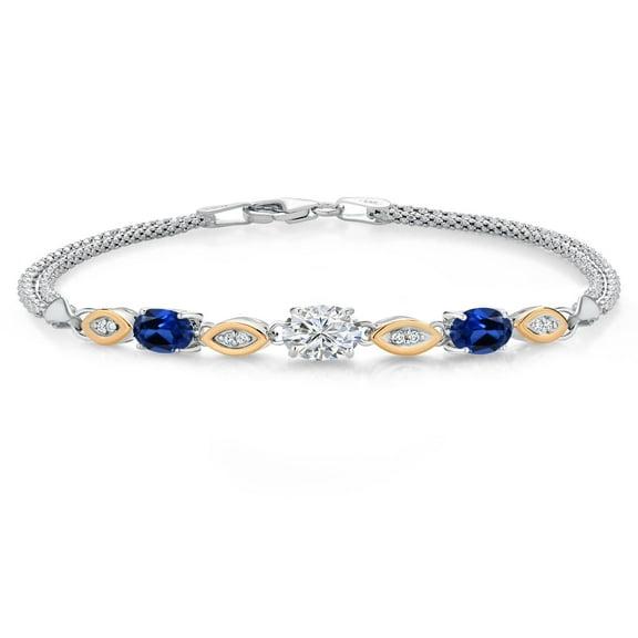 Gem Stone King 925 Silver and 10K Yellow Gold Lab Grown Diamond and Blue Created Sapphire Bracelet for Women | 1.98 Cttw | Center Diamond 0.70 Ct | DEF Color | VVS-VS Clarity | Wheat Chain | 7 inches