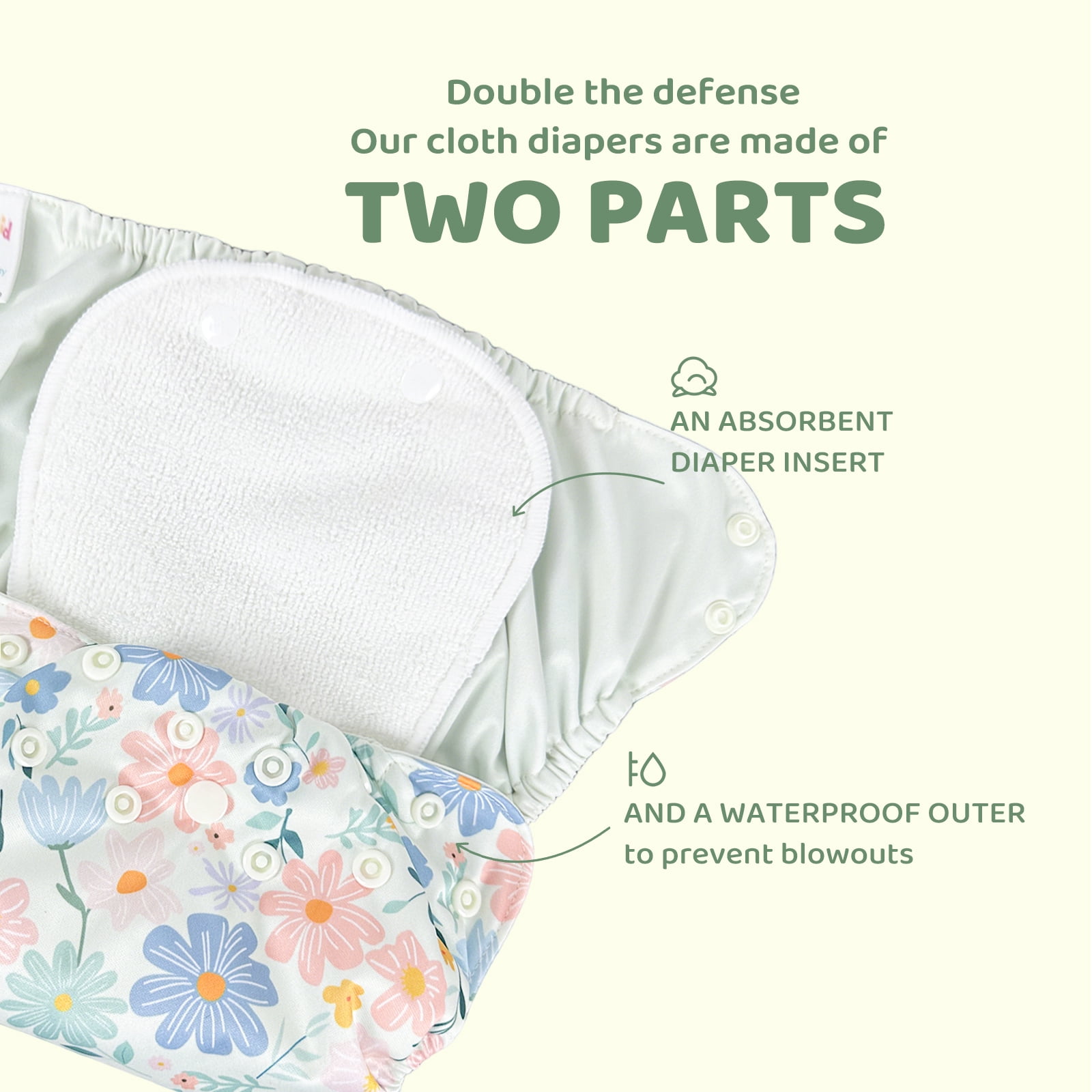BISENKID 2 Pack Waterproof Cloth Diaper Cover Reusable Plastic Diaper Cover - Adjustable Outer Shell with 3 Pack Absorbent to Prevent Urine Blowouts for Baby Girl, Size 2 (18-35Pound)