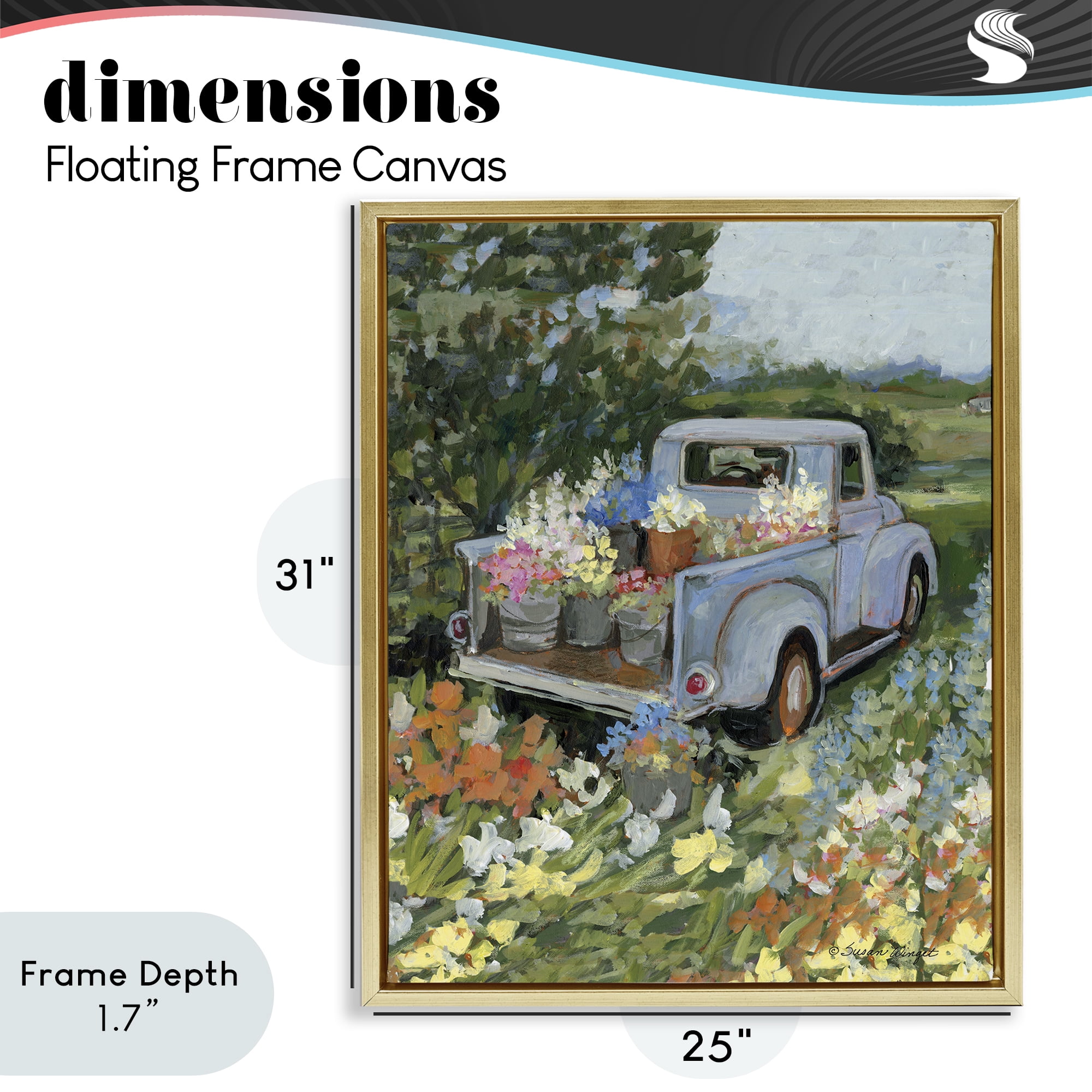 Stupell Industries Truckin' Field with Flowers Gold Framed Floater Canvas Wall Art, design by Susan Winget