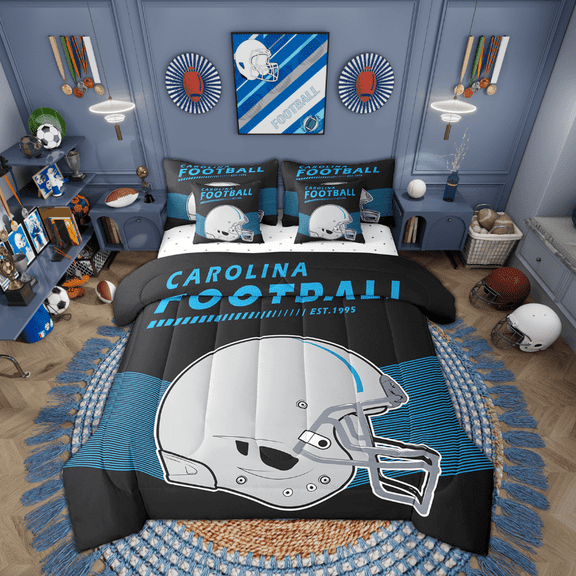 7Pcs Bedding Sets & Collections American Football City Comforter Set Bed in a Bag Queen Size, Carolina (1 Comforter, 1 Flat Sheet 1 Fitted Sheet 2 Pillowcases and 2 Throw Pillow Covers)