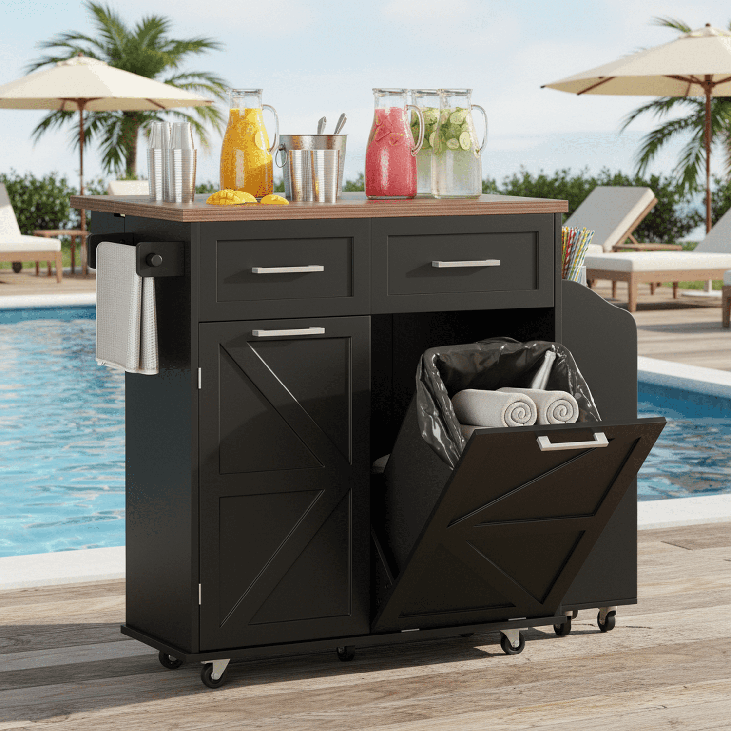 Homy Casa Kitchen Serving Cart with Drop Leaf, Storage Cabinets, Drawers and Wheels, Black