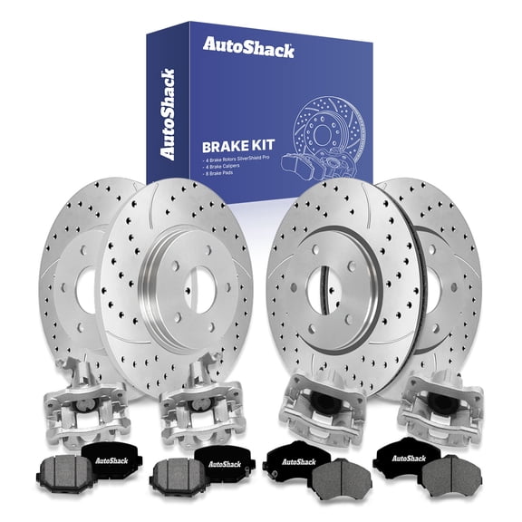 AutoShack Front Vented & Rear Solid Drilled & Slotted Silver Zinc Coated Brake Rotors   Premium Ceramic Pads   Calipers 16-PC Brake Kit Replacement for 2013-2016 Dodge Grand Caravan SilverShield Pro