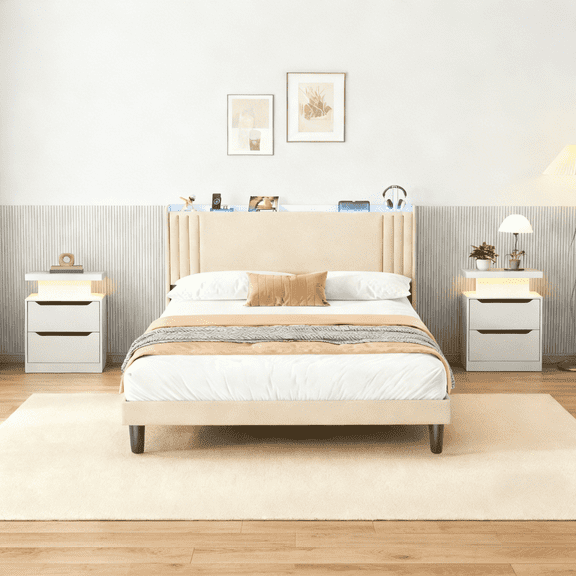 Complete 3-Piece White Bedroom Set: Smart Queen Bed Frame and 2 Nightstands with Charging Hub, RGB LED Lights and USB Outlets