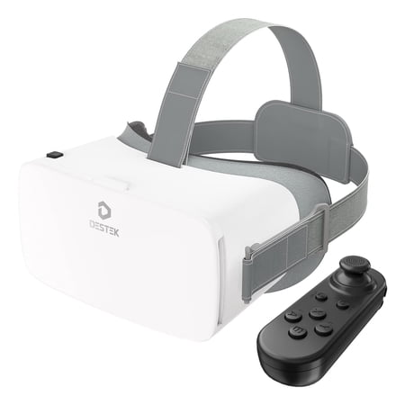 DESTEK V5 VR Headset for Phone with Controller, Anti-Blue Eyes Protected HD Lenses, 110° FOV Virtual Reality Headsets VR Goggles for iPhone 15/14/13/12/11, Samsung, Android - White C21